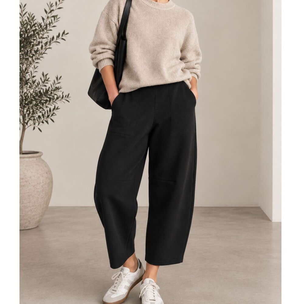 Banana Republic XL Tall Black Scuba Barrel Pants High Rise Minimalist Pull On